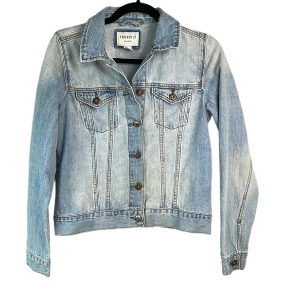 FOREVER 21 Blue Light Wash Denim Jean Jacket Cotton Trucker Cropped Western S - Picture 2 of 11